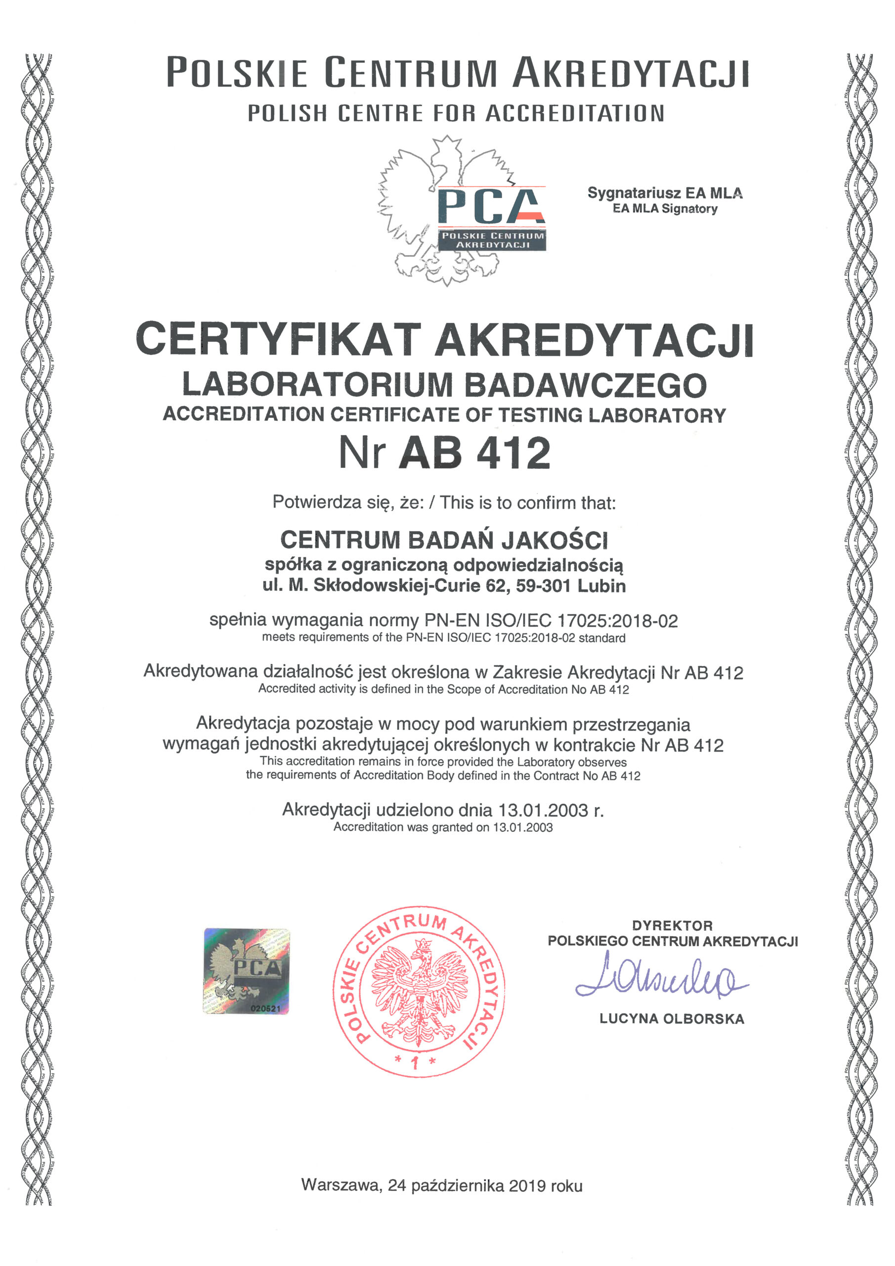 Certyfikat akredytacji laboratorium badawczego